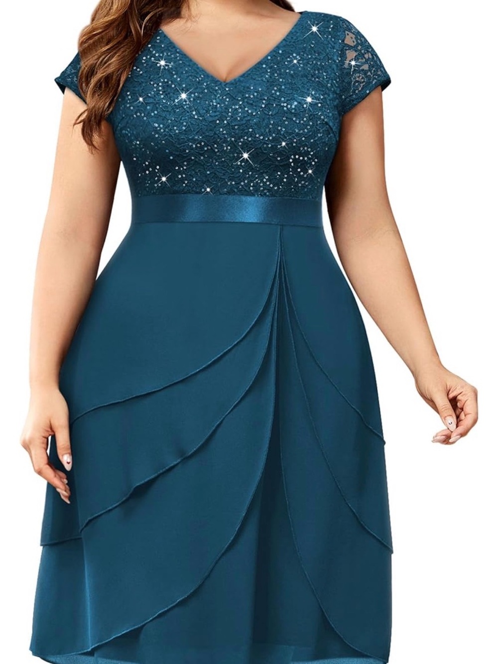 Miusol Teal Lace Bodice V-Neck Midi Dress